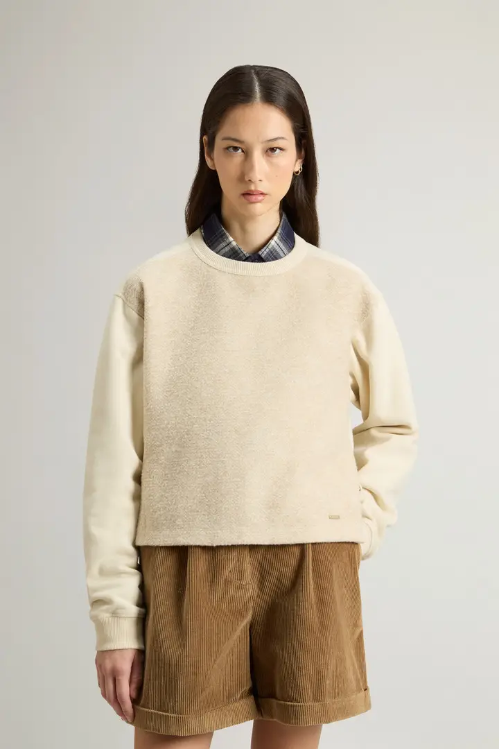 Donna Felpa girocollo in puro cotone spazzolato Beige Beige Herringbone