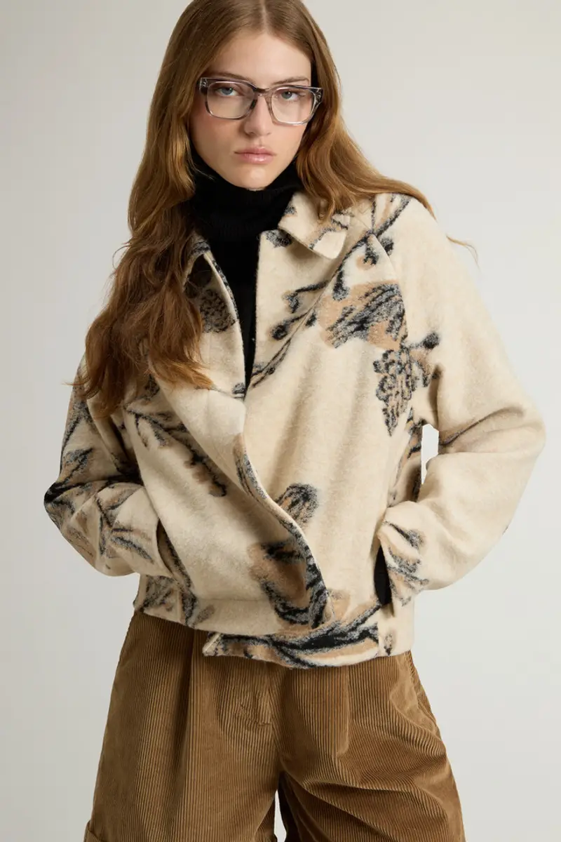 Donna Giacca a camicia in misto lana italiana con motivo floreale Beige Cream Foliage miniatura 3