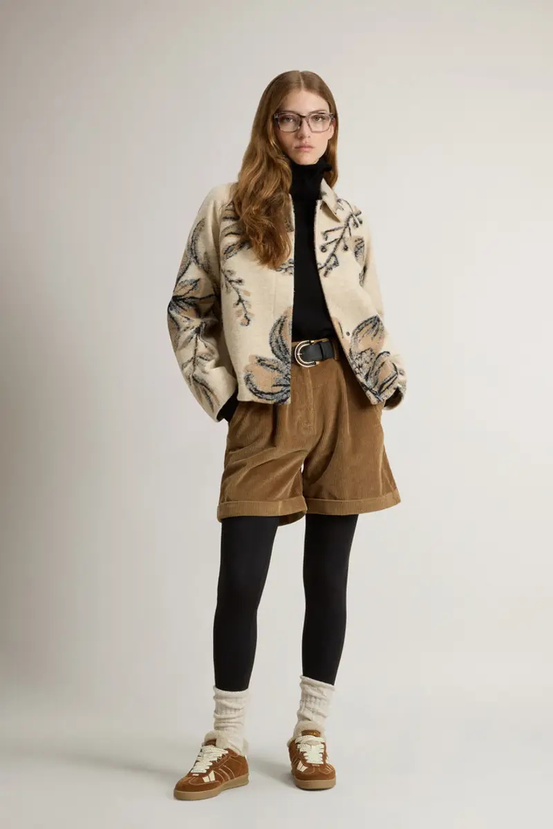 Donna Giacca a camicia in misto lana italiana con motivo floreale Beige Cream Foliage