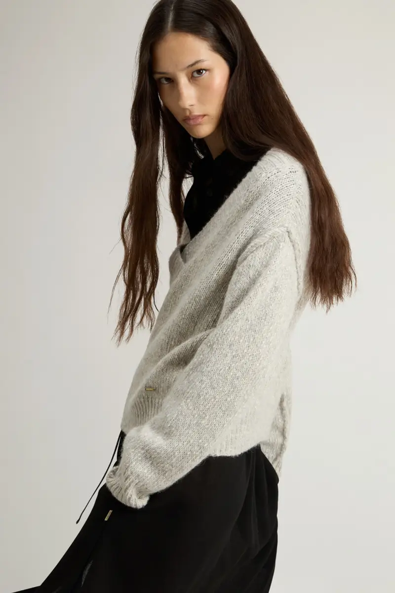 Donna Maglione in misto cotone alpaca e lana Grigio Light Grey Melange miniatura 3