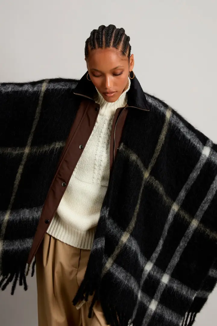 Donna Mantella in misto alpaca, mohair e lana Nero Black Check miniatura 3