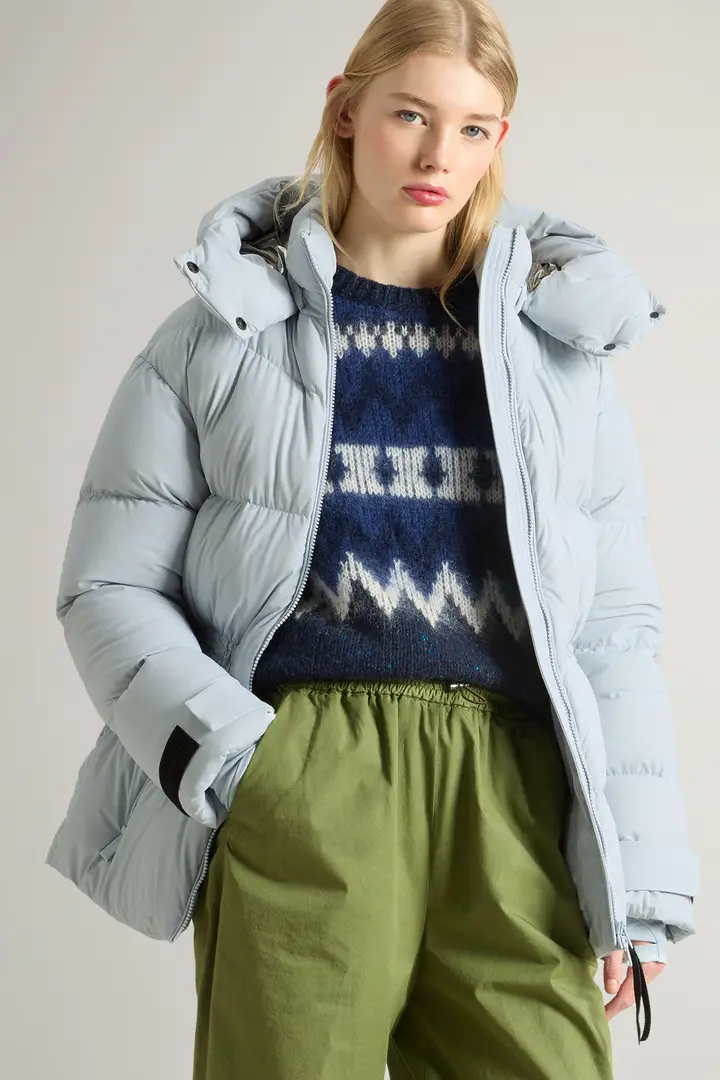 donna Piumino in nylon elasticizzato con finitura opaca Blu Pearl Blue miniatura 3