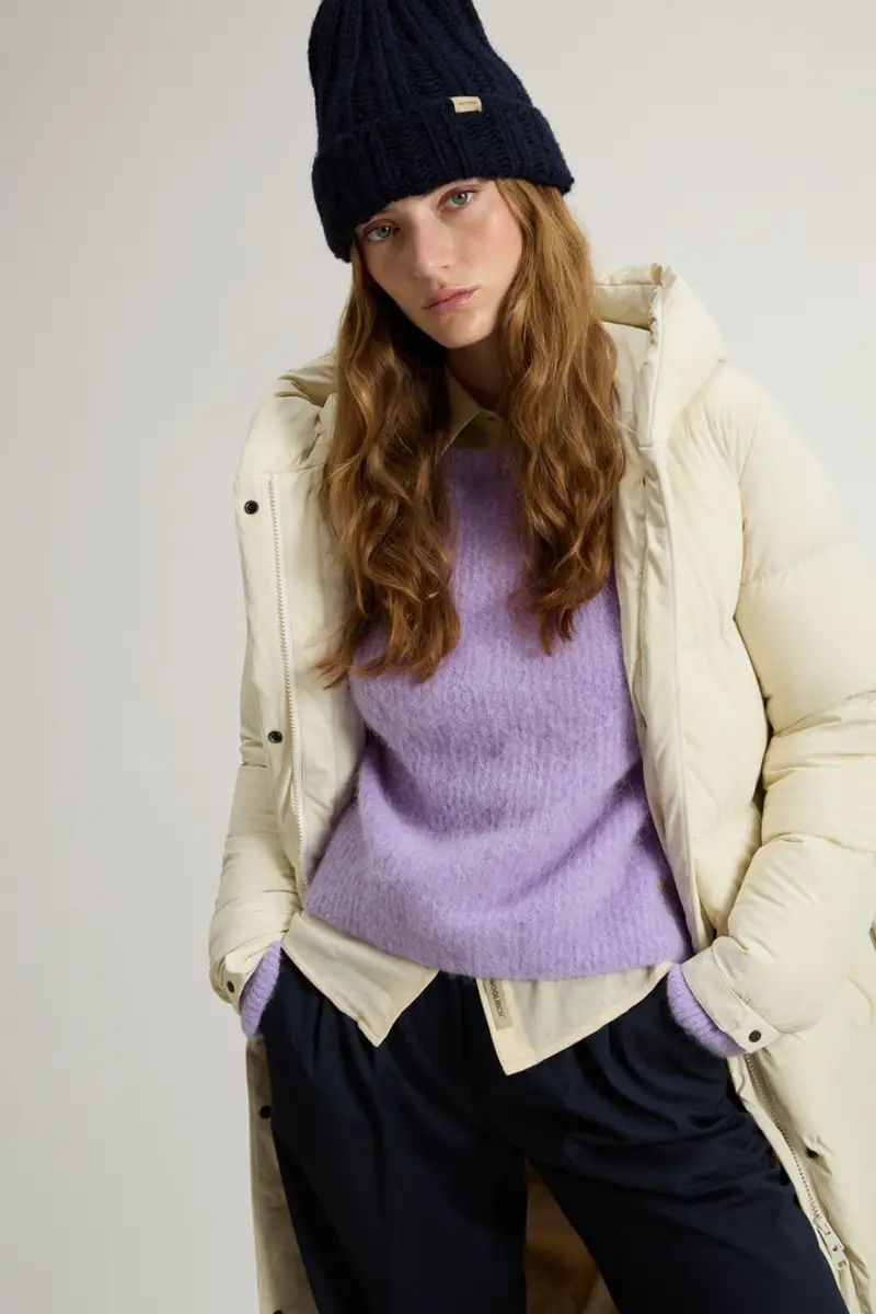 Donna Piumino lungo Cloud in nylon elasticizzato con finitura opaca Bianco Milky Cream miniatura 3