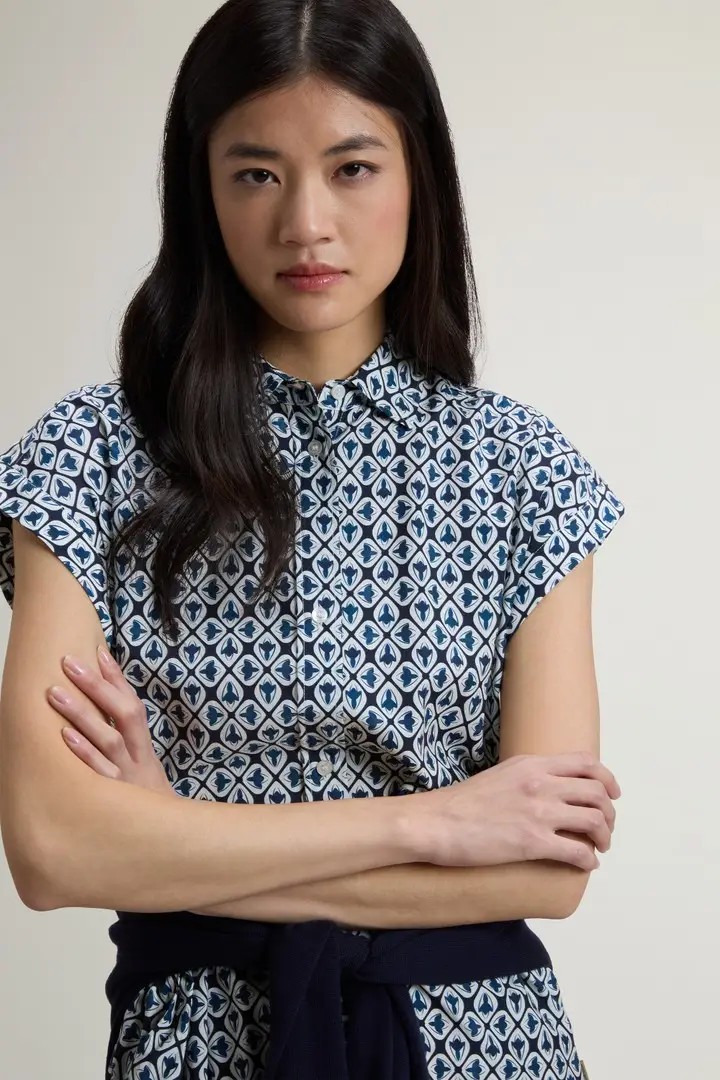 donna Vestito chemisier in misto cotone con cintura Blu Blue Tile Bloom miniatura 3