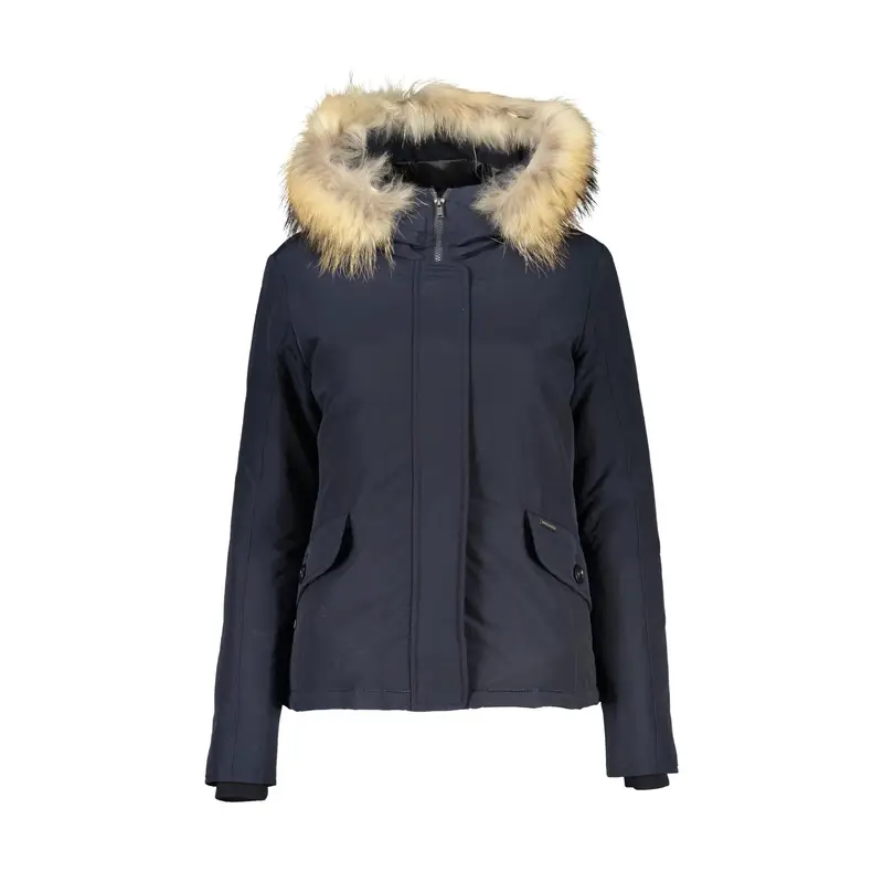 Giubbotto Maniche Lunghe Donna Blu Cappuccio con Pelo Removibile