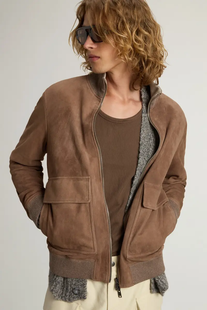 Woolrich Uomo Bomber double face in pelle scamosciata Marrone Taglia XS miniatura 3