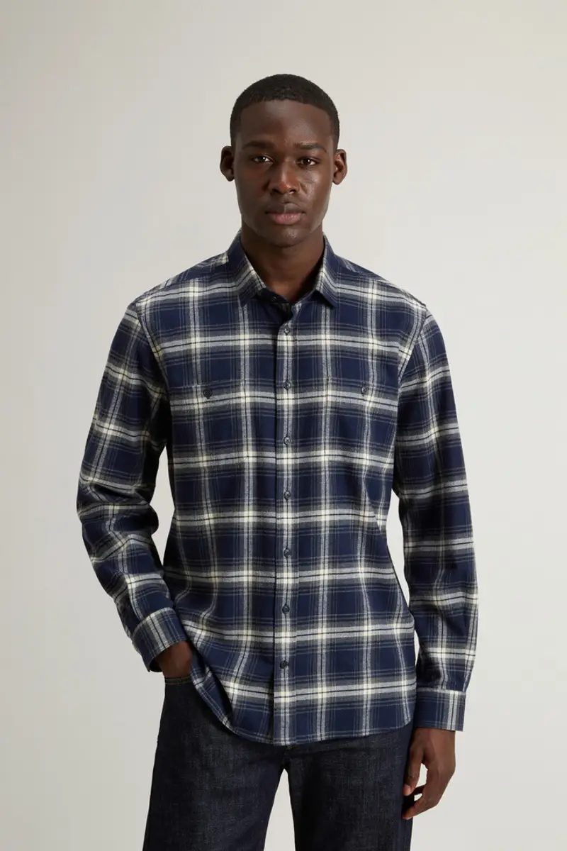 Uomo Camicia a quadri in flanella di puro cotone Blu Blue Check