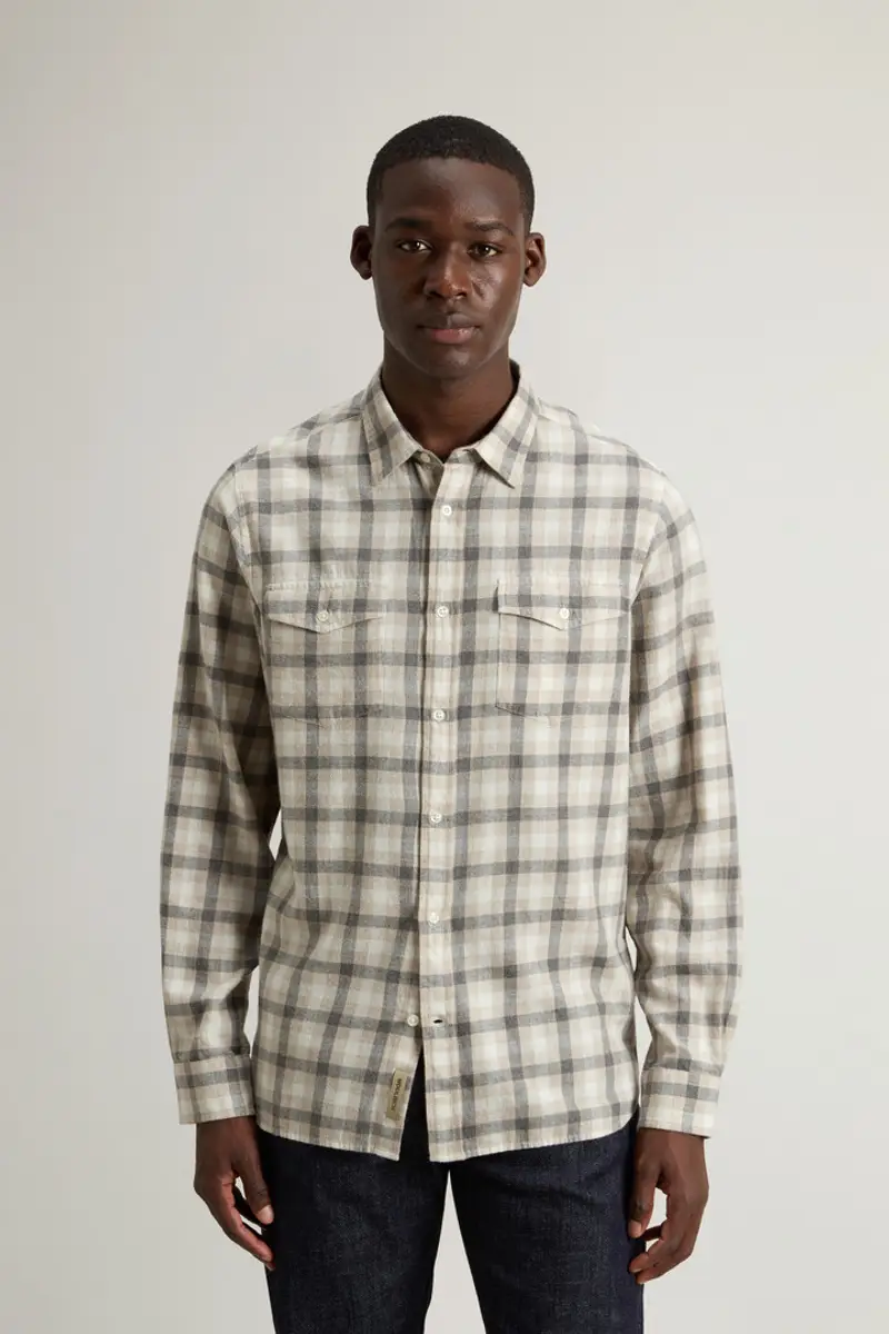 Uomo Camicia a quadri in flanella di puro cotone Madras Beige Oatmeal Check