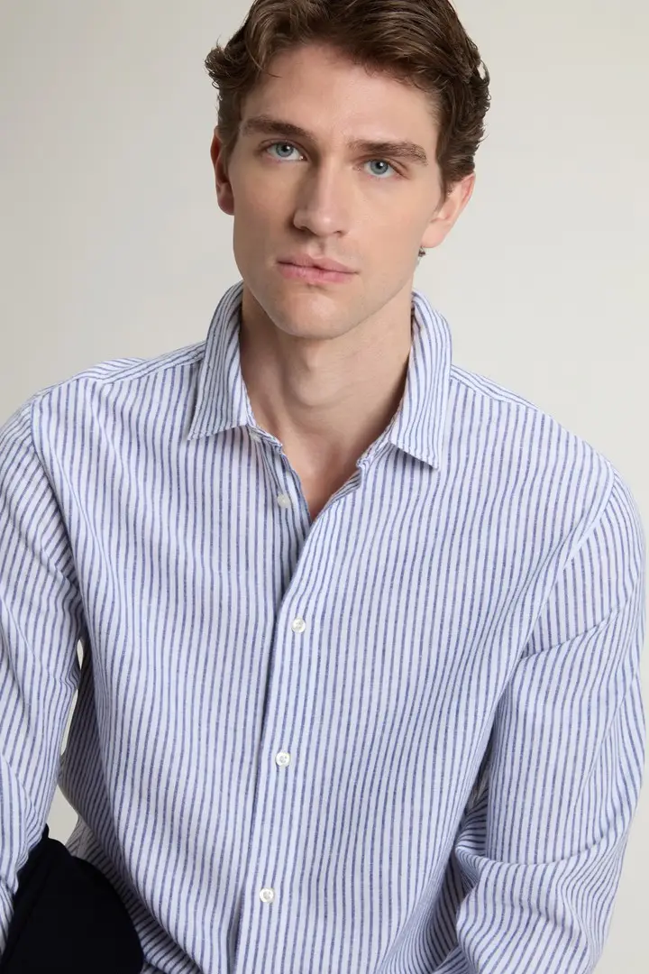 uomo Camicia in misto cotone e lino Blu Blue Stripe miniatura 3