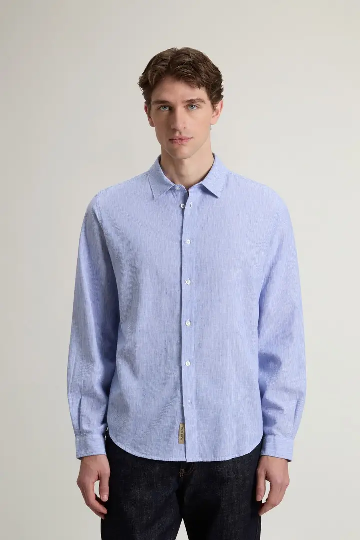 uomo Camicia in misto cotone e lino Blu Grisaille Small Stripe
