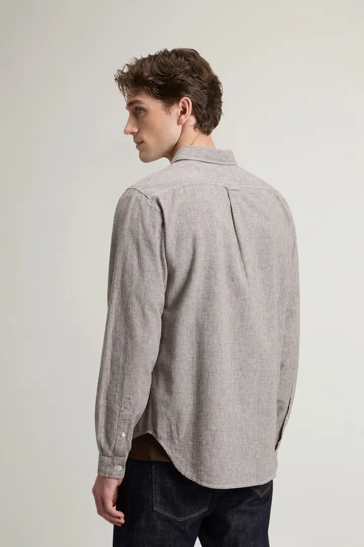 uomo Camicia in misto cotone e lino Marrone Brown Pied De Poule miniatura 2