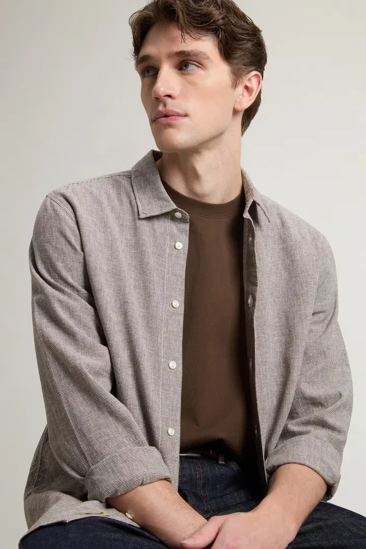 uomo Camicia in misto cotone e lino Marrone Brown Pied De Poule miniatura 3