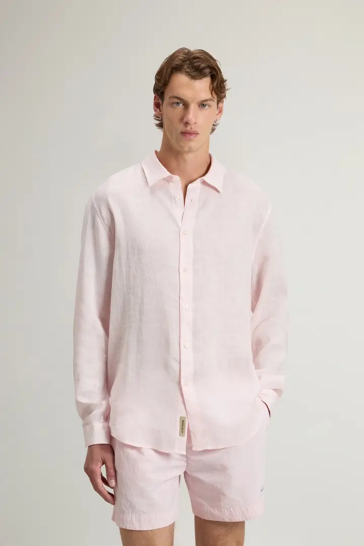 uomo Camicia in puro lino tinta in capo Rosa Pale Lilac