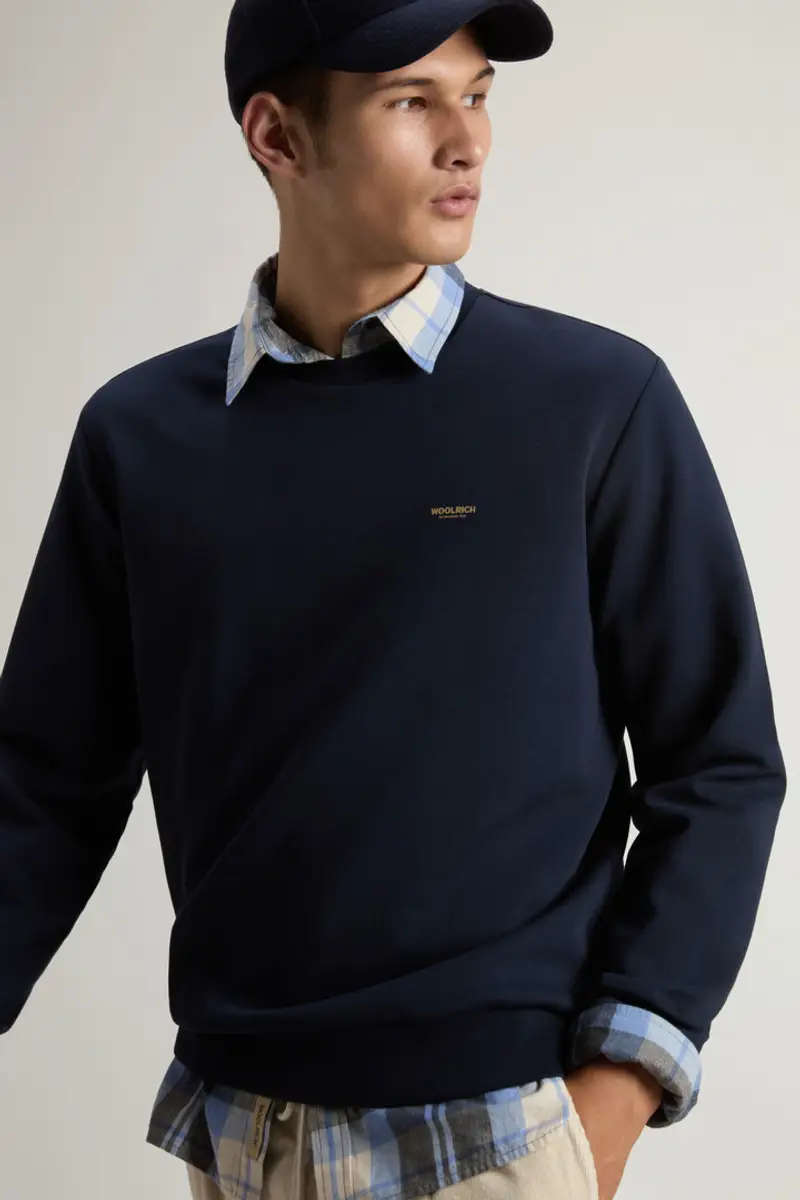 Woolrich Uomo Felpa girocollo in misto cotone interlock con logo Blu Taglia S miniatura 3