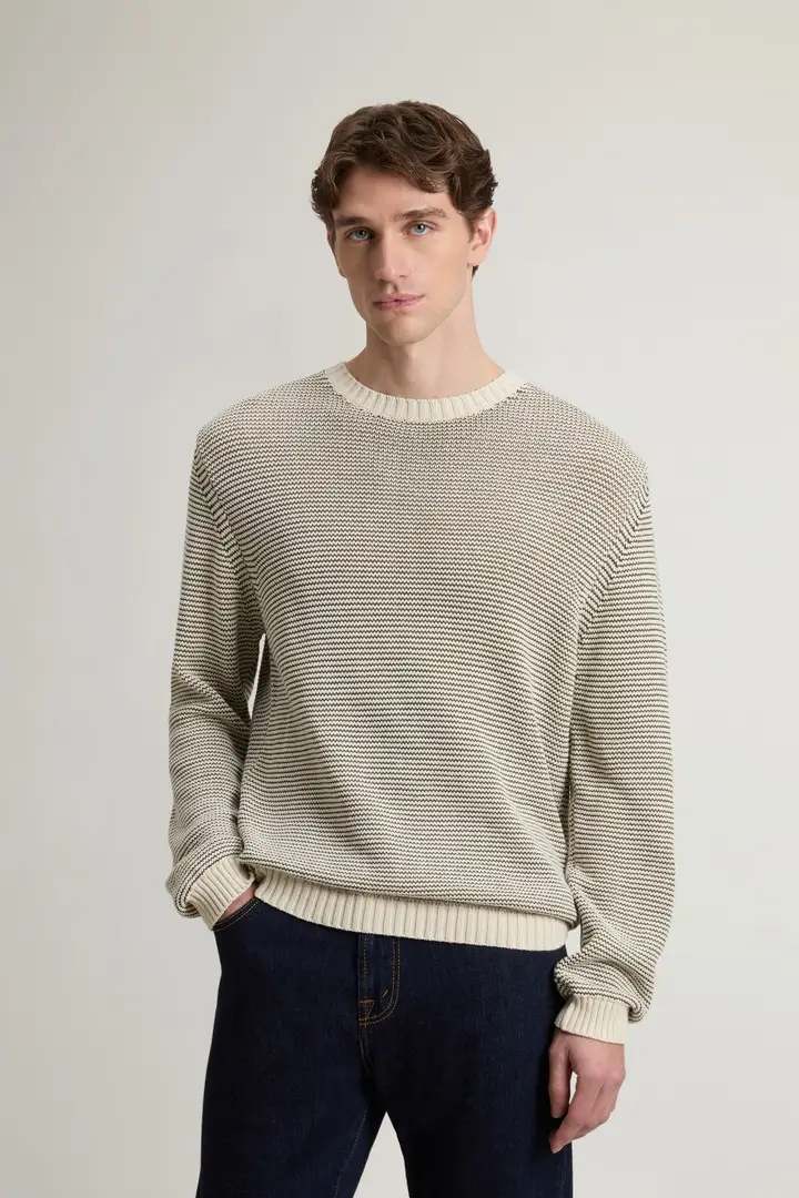 uomo Maglia girocollo in misto cotone a righe Beige Milky Cream Stripe