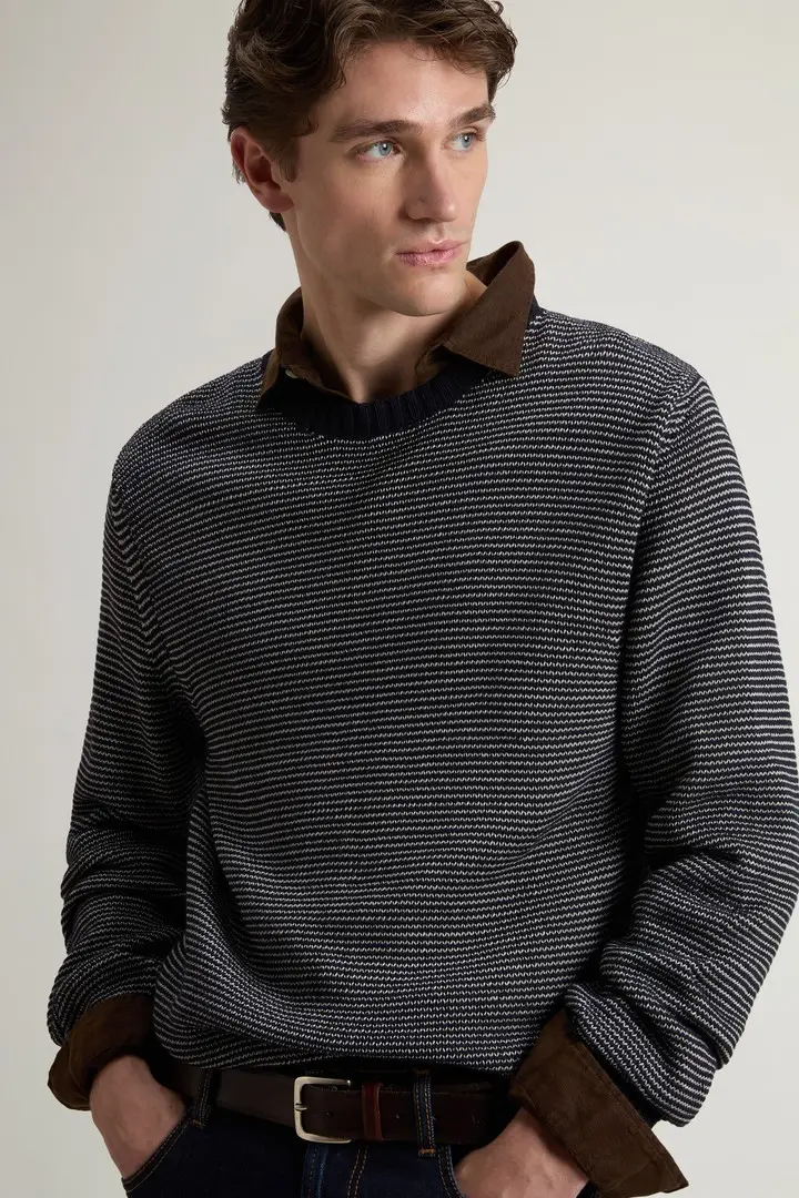 uomo Maglia girocollo in misto cotone a righe Blu Blue Stripe miniatura 3