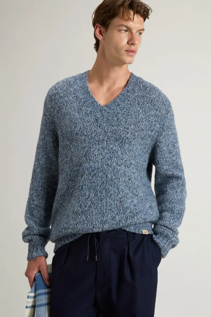 Uomo Maglia in misto alpaca e lana con scollo a V Blu Marine miniatura 3