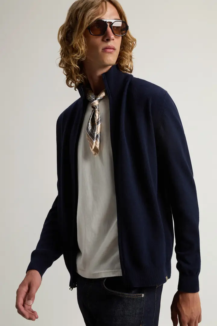 Uomo Maglione a collo alto in pura lana con zip bidirezionale Blu Melton Blue miniatura 3