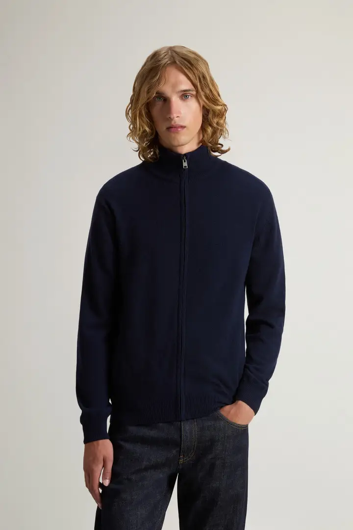 Uomo Maglione a collo alto in pura lana con zip bidirezionale Blu Melton Blue