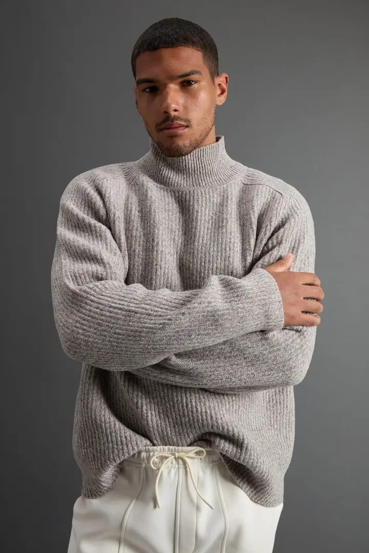 uomo Maglione a collo alto in pura lana Merino mouliné Grigio Grey miniatura 3