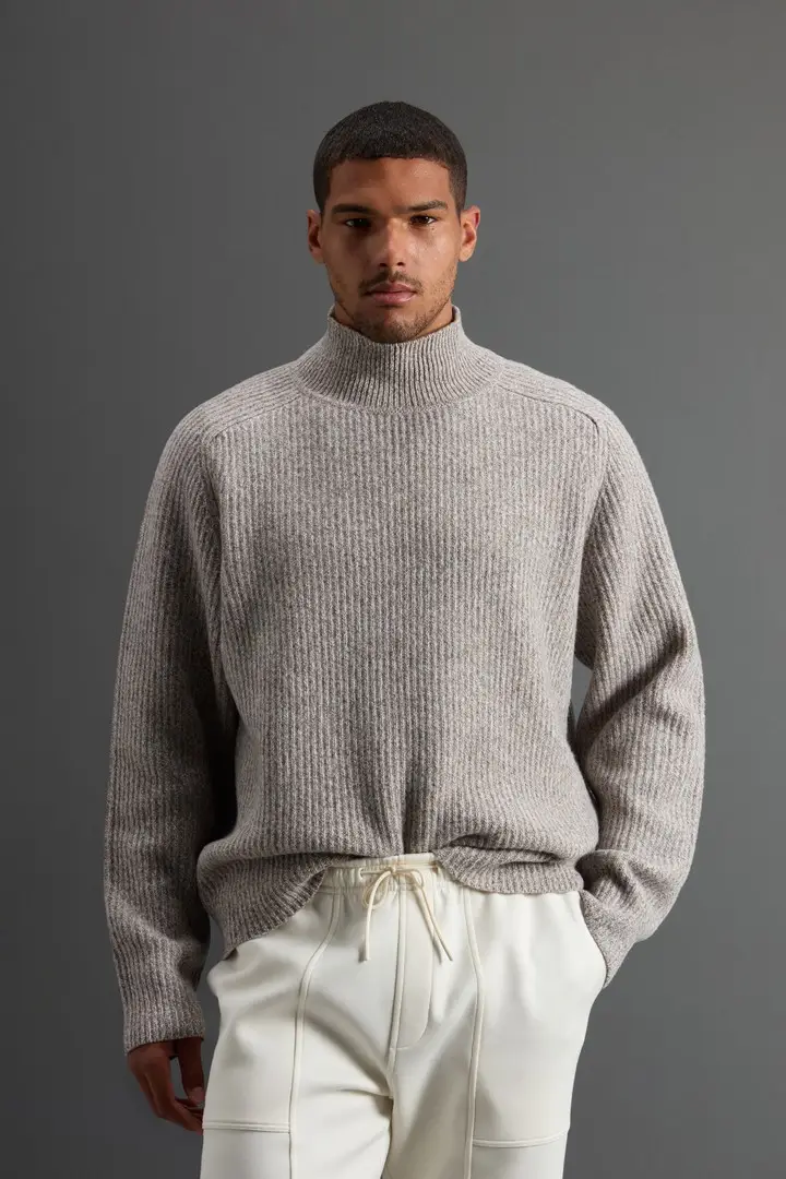 uomo Maglione a collo alto in pura lana Merino mouliné Grigio Grey