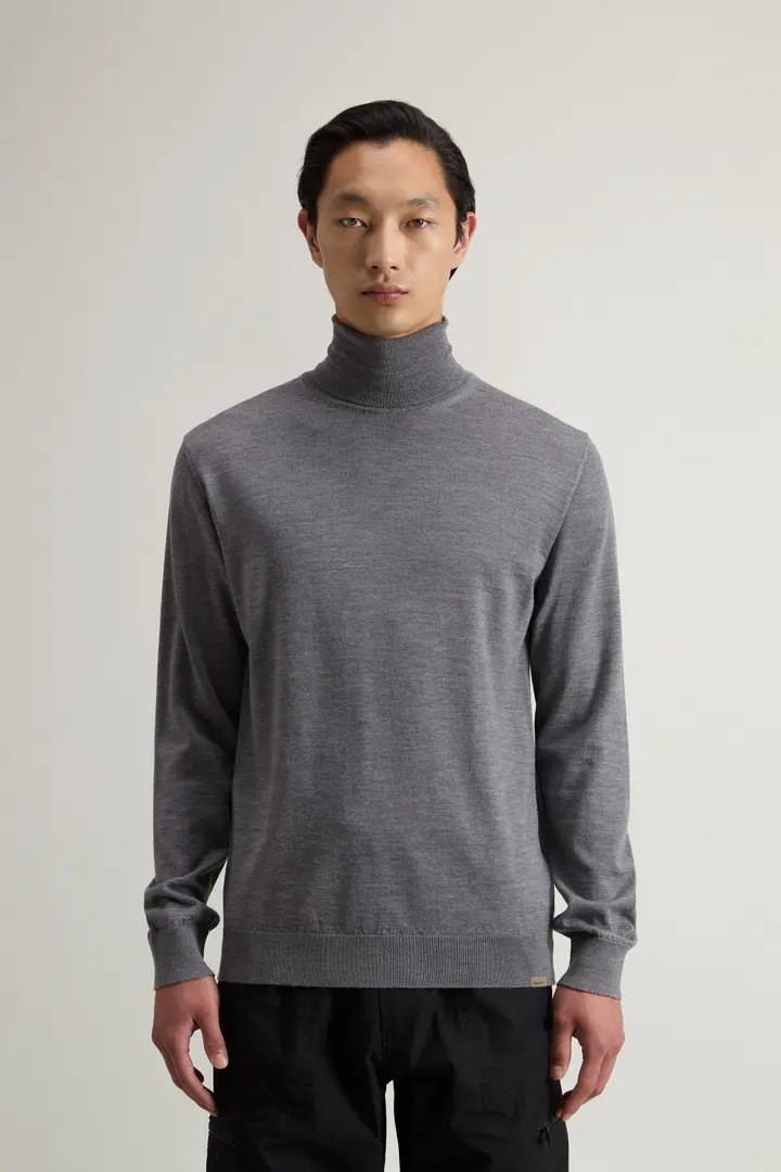 uomo Maglione a collo alto in pura lana vergine Merino Grigio Medium Grey Melange
