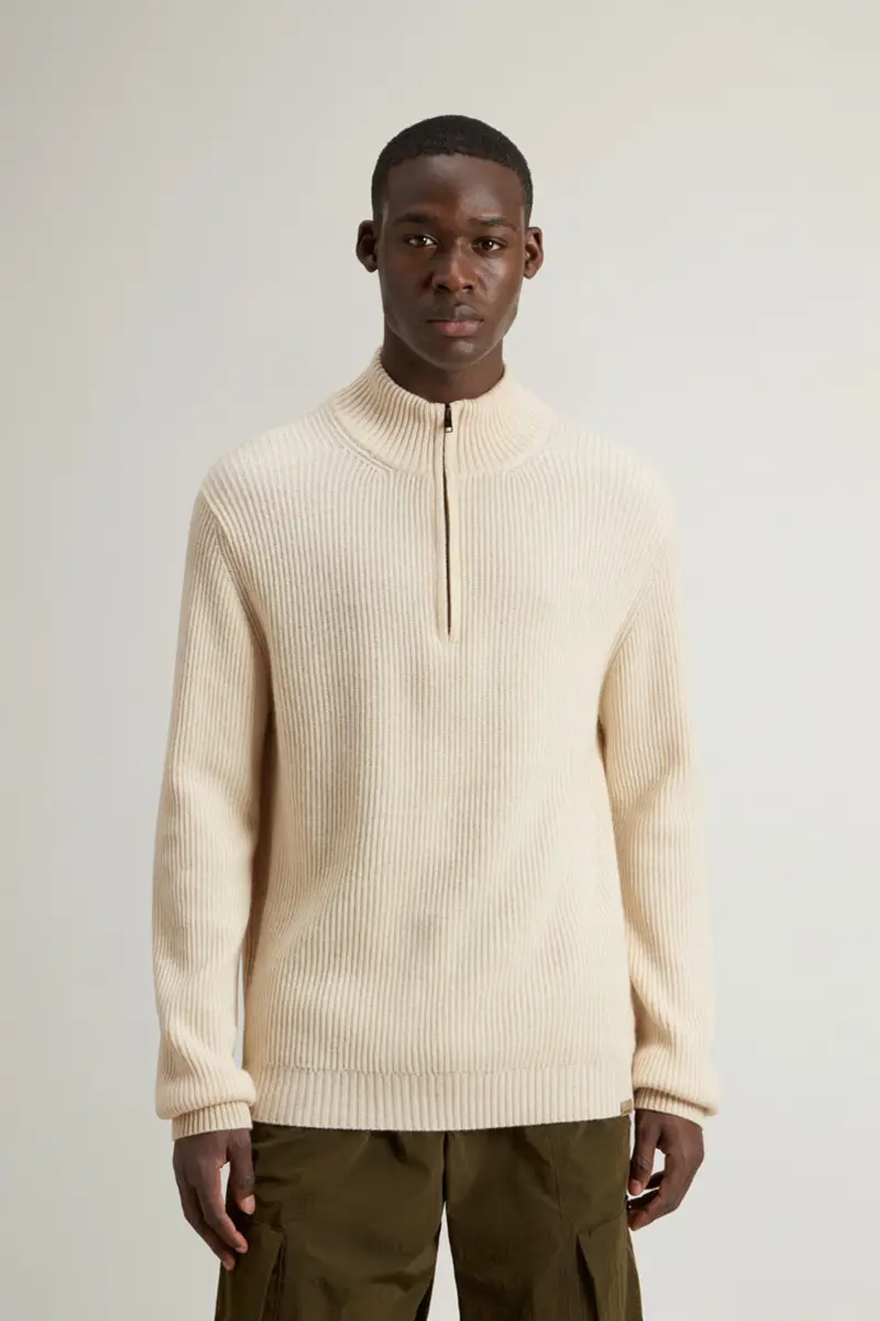 Uomo Maglione mezza zip a collo alto in misto lana e cashmere Beige Oatmeal
