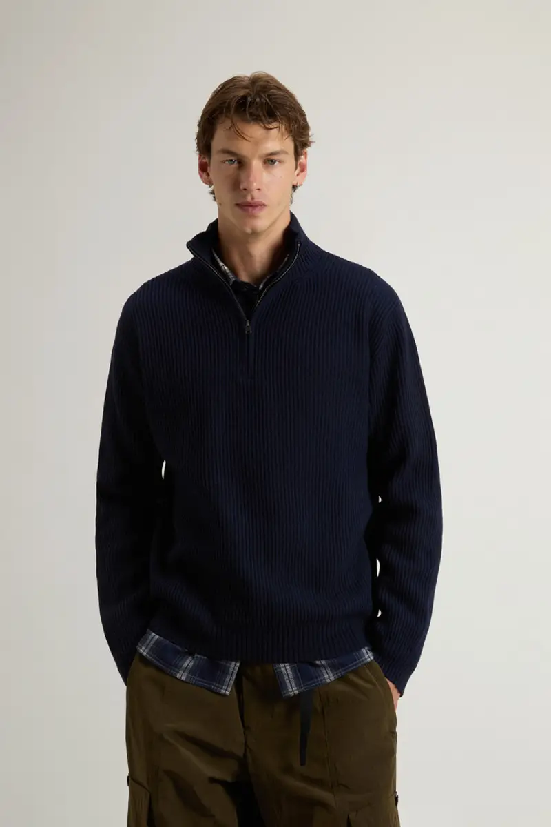 Uomo Maglione mezza zip a collo alto in misto lana e cashmere Blu Melton Blue