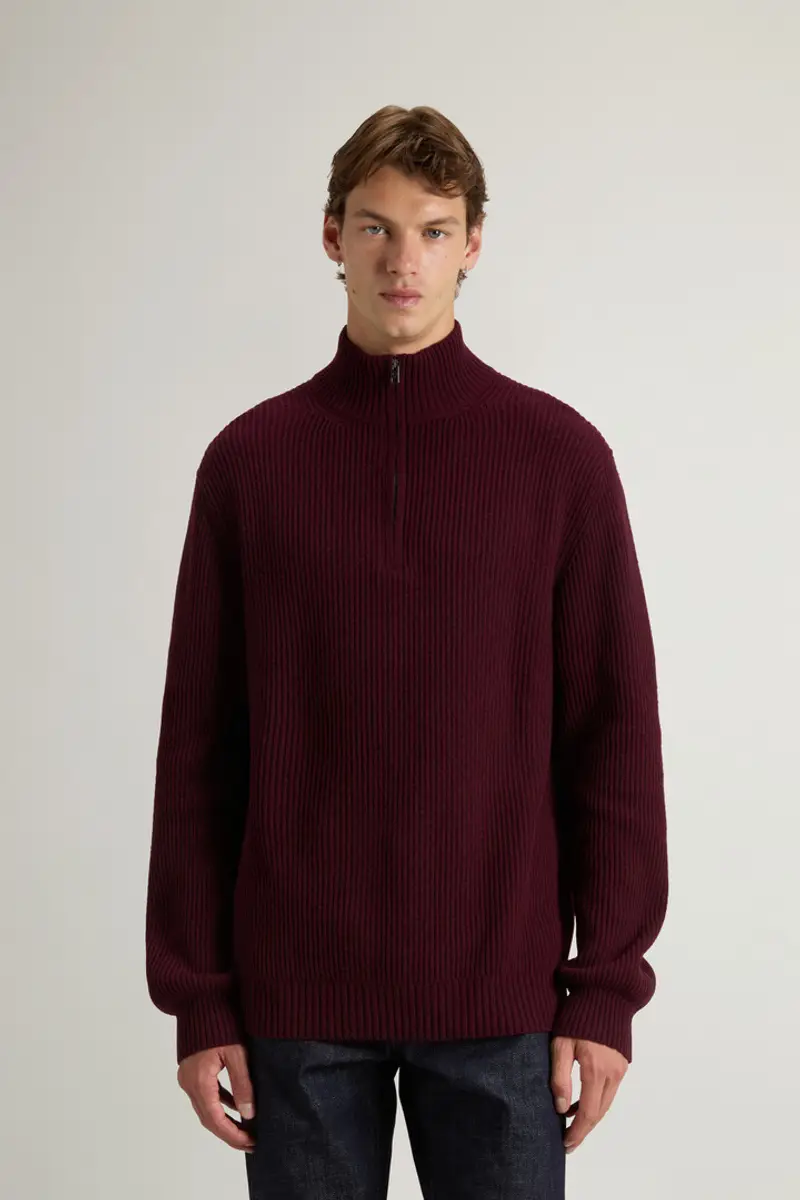 Uomo Maglione mezza zip a collo alto in misto lana e cashmere Rosso Wine