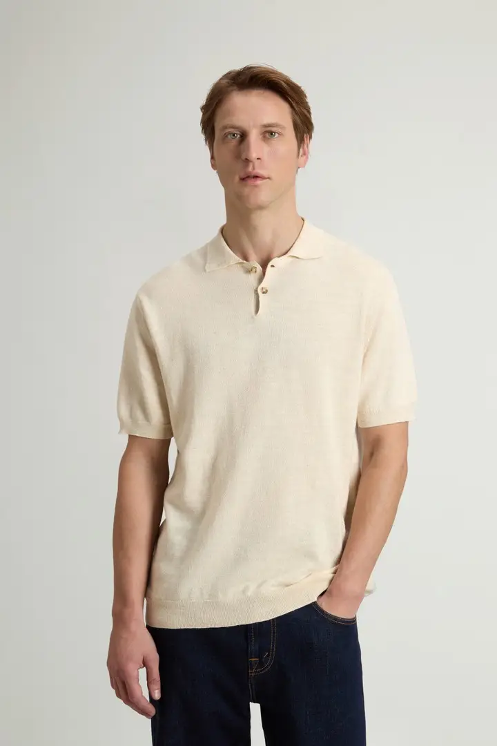 uomo Polo in maglia di misto cotone e lino Beige Milky Cream Melange