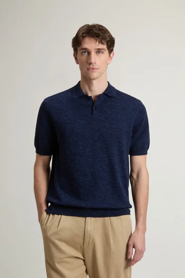 uomo Polo in maglia di misto cotone e lino Blu Melton Blue Melange
