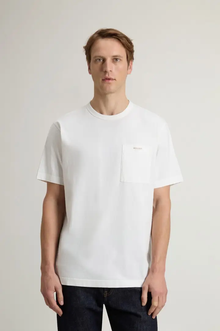 uomo T-shirt in puro cotone con taschino Bianco Arctic White