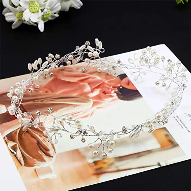 WOWOSS 50 cm Fascia Nuziale per Capelli con Perline e Strass, Accessori per Capelli da Sposa Fascia Argento Lavorati a Mano? Matrimonio, Decorazioni Nozze Accessori da Sposa miniatura 2