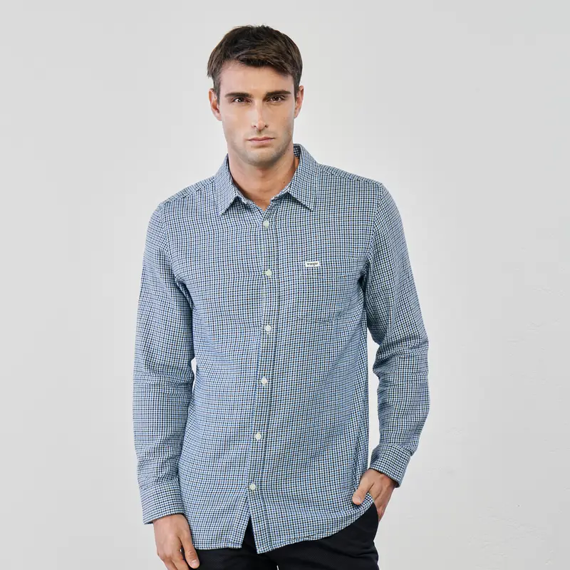 Camicia azzurra da uomo in cotone stampa check