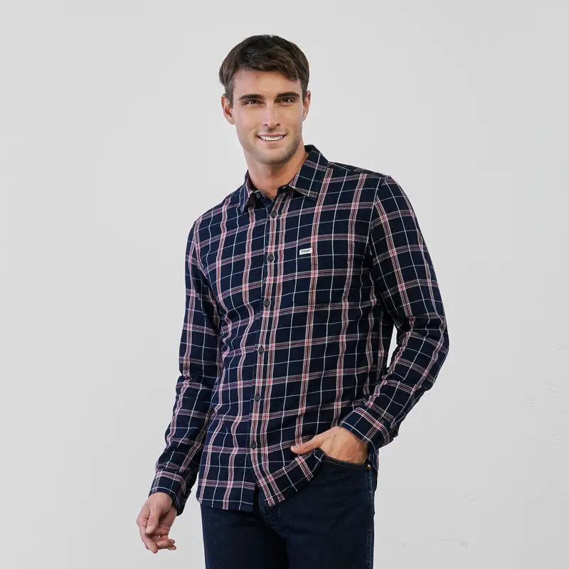 Camicia blu da uomo in cotone con stampa check