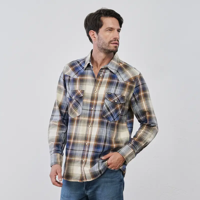 Camicia blu e gialla da uomo in stampa check con taschini