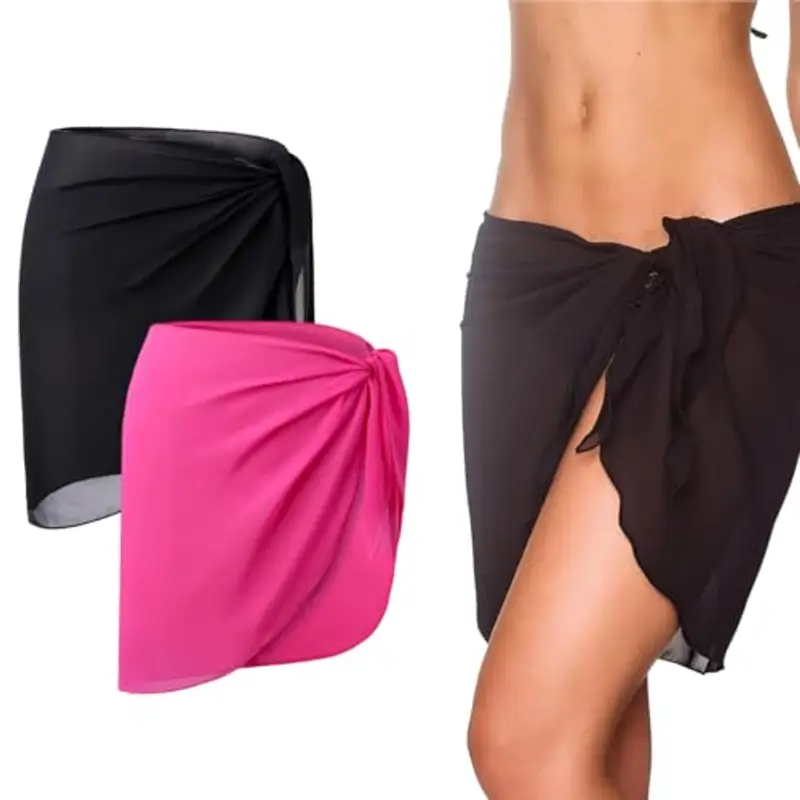 WUSJCOF 2 Pezzi Gonna da Spiaggia da Donna Sarong da Spiaggia Avvolgente (Nero, Rosa)