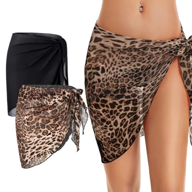 WUSJCOF 2 Pezzi Pareo da Spiaggia Avvolgente da Donna in Chiffon, Copricostume, gonne avvolgenti, Pareo Sexy, Abiti da Spiaggia da Indossare sopra i Costumi da Bagno (Nero, Stampa Leopardata)