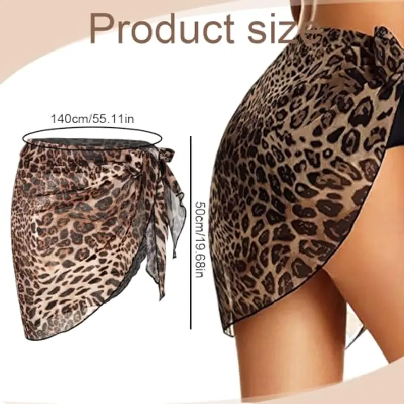 WUSJCOF 2 Pezzi Pareo da Spiaggia Avvolgente da Donna in Chiffon, Copricostume, gonne avvolgenti, Pareo Sexy, Abiti da Spiaggia da Indossare sopra i Costumi da Bagno (Nero, Stampa Leopardata) miniatura 2