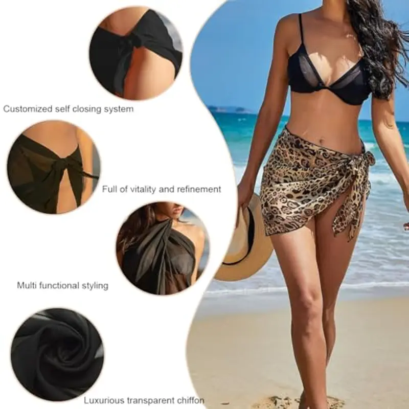 WUSJCOF 2 Pezzi Pareo da Spiaggia Avvolgente da Donna in Chiffon, Copricostume, gonne avvolgenti, Pareo Sexy, Abiti da Spiaggia da Indossare sopra i Costumi da Bagno (Nero, Stampa Leopardata) miniatura 3