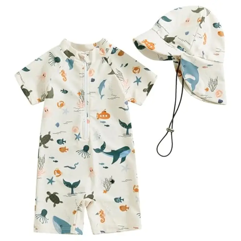 WYTbaby - Costume da bagno per neonati, a maniche corte, con cappello da sole, beige., 12-24 mesi