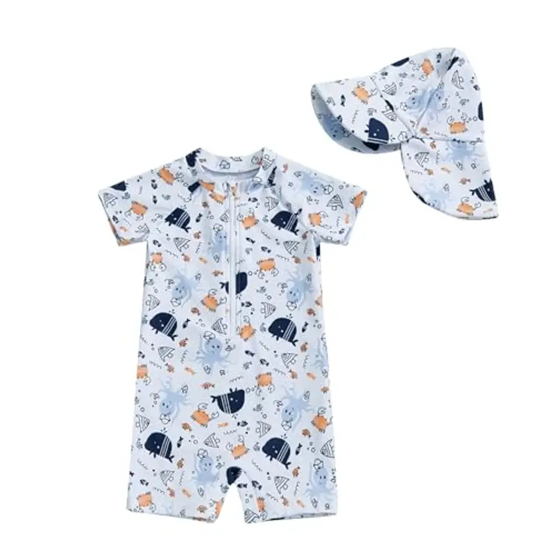 WYTbaby - Costume da bagno per neonati, a maniche corte, con cappello da sole, bianco, 3