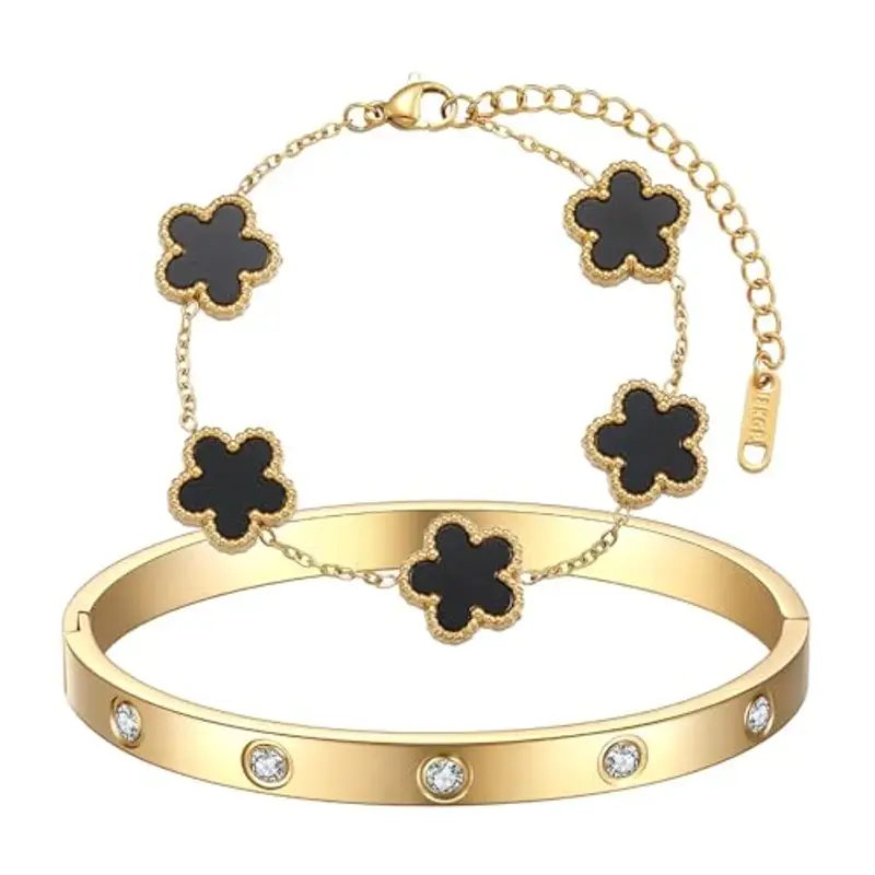 XFSRG Bracciale Donna Oro Elegante Design Floreale Acciaio Inossidabile per Ogni Occasione (Conchiglia Nera)