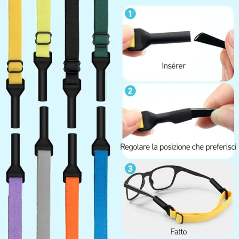 XIANGLONGY 8 Pezzi Elastico per Occhiali, Elastico Regolabile per Occhiali Bambini, Antiscivolo, per lo Sport di Bambini e Bambine (8 Colori) miniatura 3