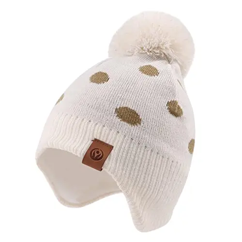 XIAOHAWANG - Berretto Invernale per Bambini con Pompon Cappello Beige DOT 2