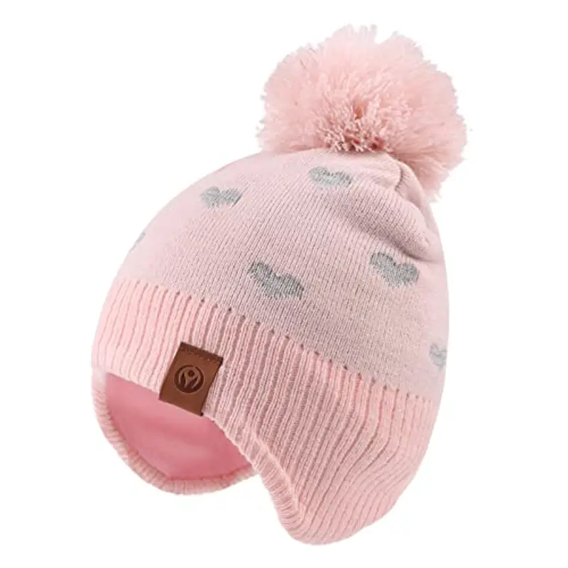 XIAOHAWANG - Berretto Invernale per Bambini con Pompon Cappello Cuore Rosa 2
