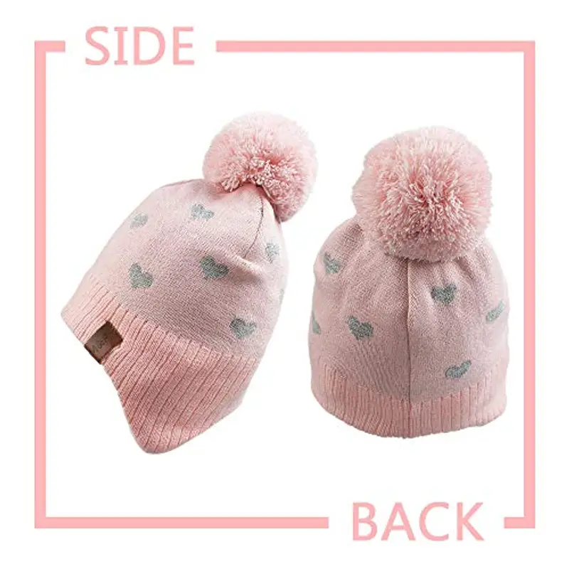 XIAOHAWANG - Berretto Invernale per Bambini con Pompon Cappello Cuore Rosa 2 miniatura 2