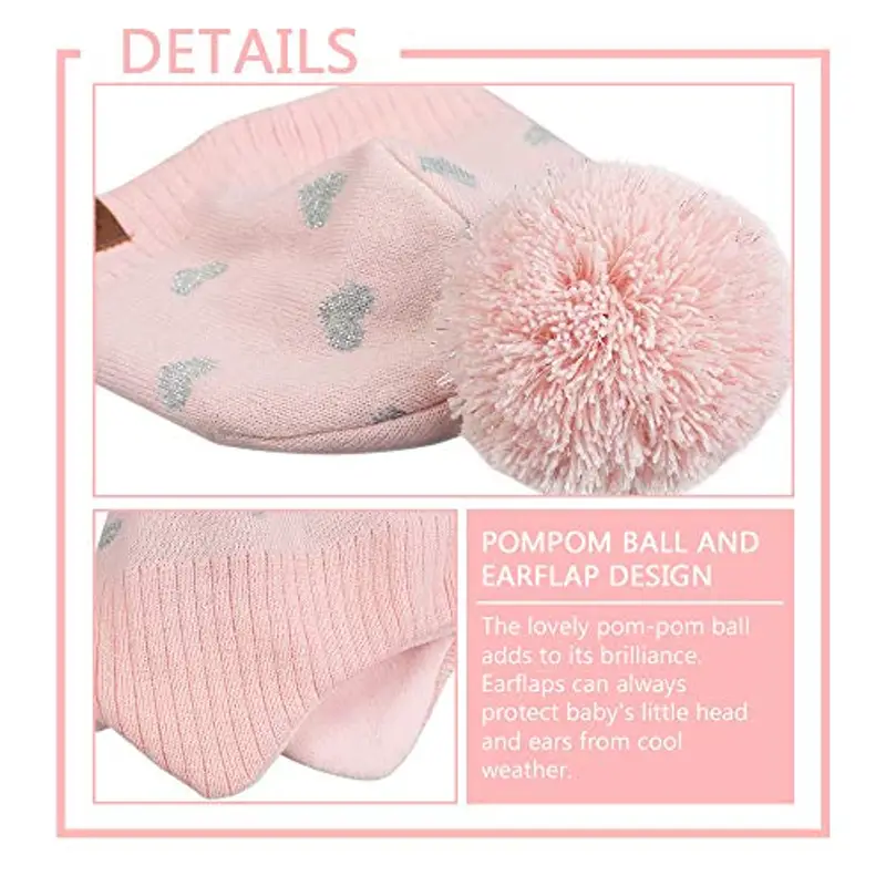 XIAOHAWANG - Berretto Invernale per Bambini con Pompon Cappello Cuore Rosa 2 miniatura 3