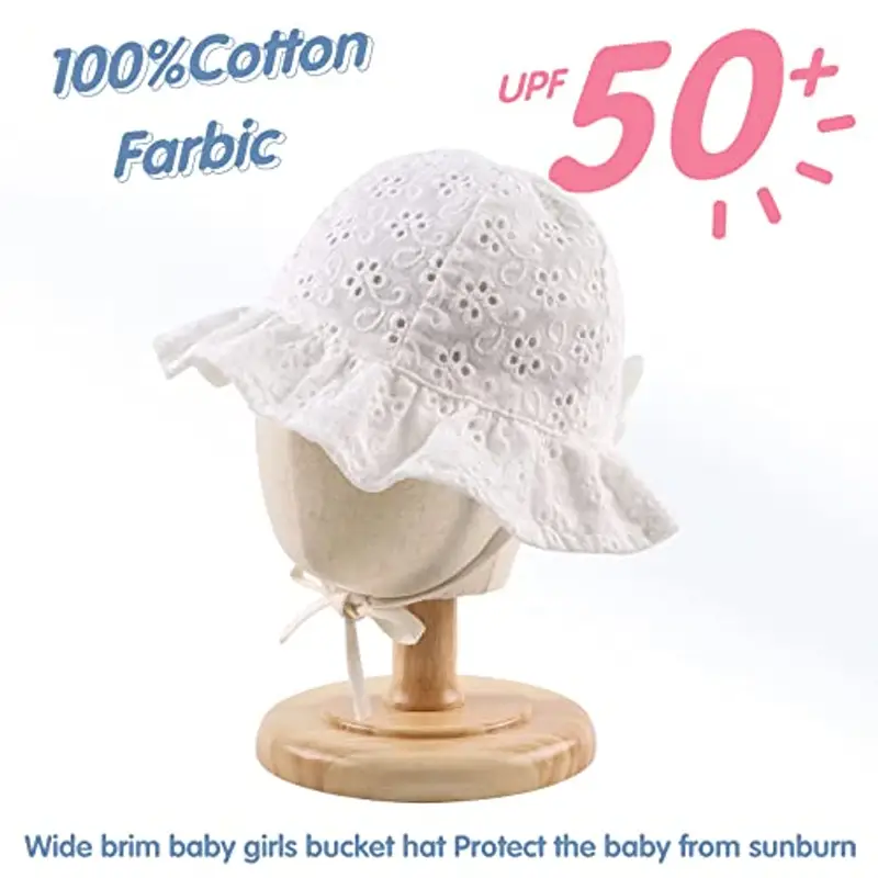 XIAOHAWANG Cappellino Estivo da Sole per Neonata Cappello da Pescatore Bowknot per Bambina Berretto Mare con Sottogola Regolabile(Bianco, 1-2 Anni) miniatura 3