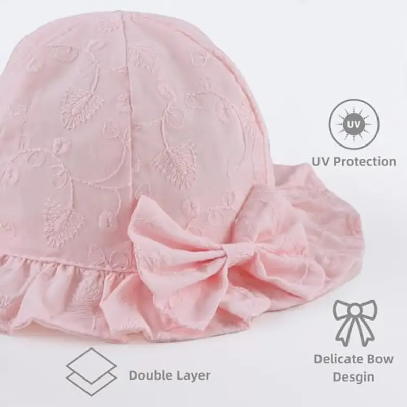 XIAOHAWANG Cappello da Sole per neonata con Fiori Ricamati, Cappello Estivo per Bambine Rosa 1-2 Anni miniatura 2